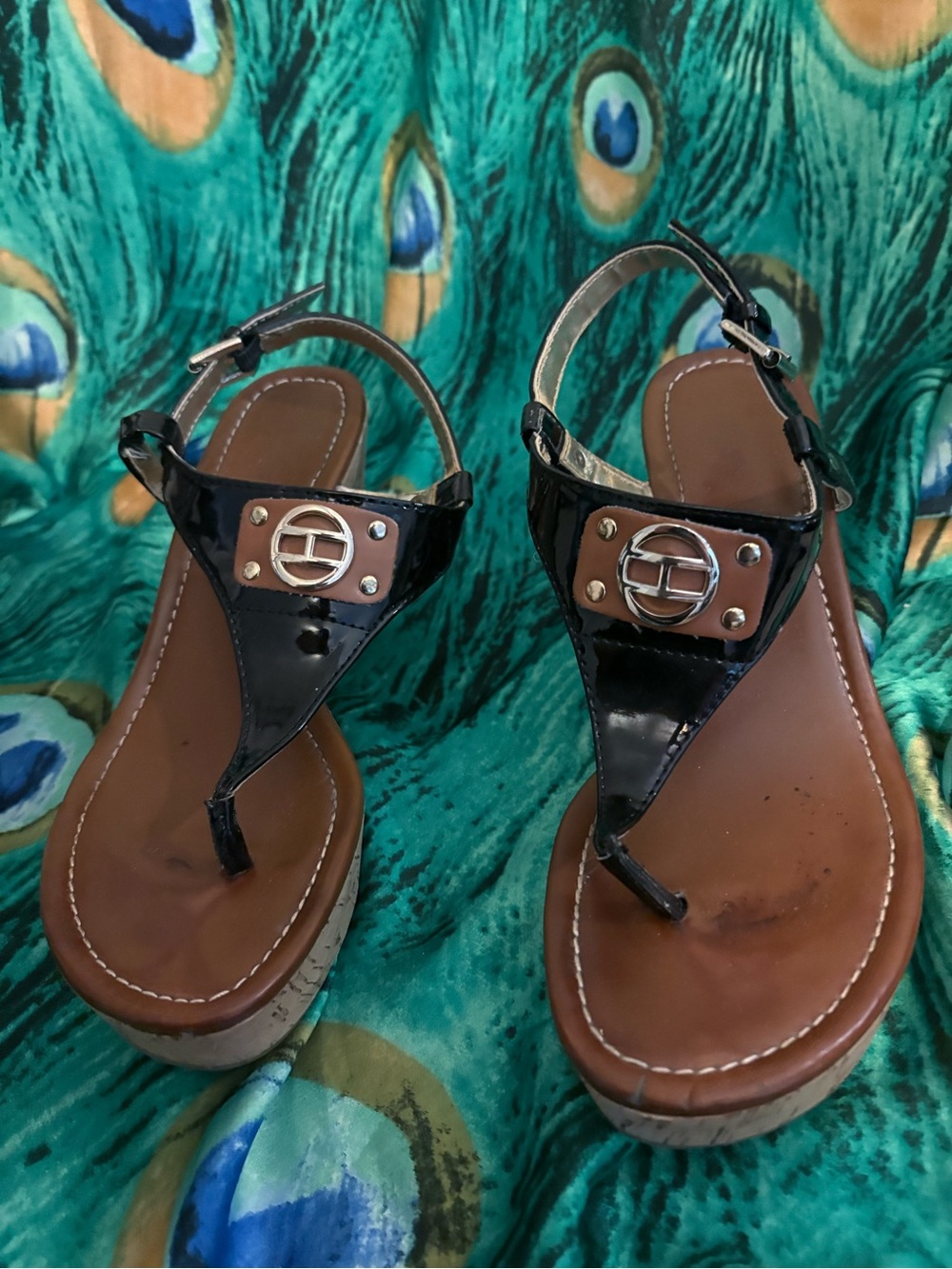 Tommy Hilfiger Black Patent Cork Wedge Thong Sandals with Gold Accent - Women